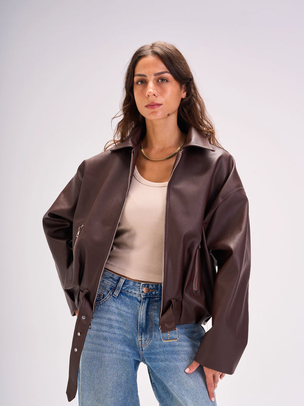 Leather Zip-Up Jacket - Brown