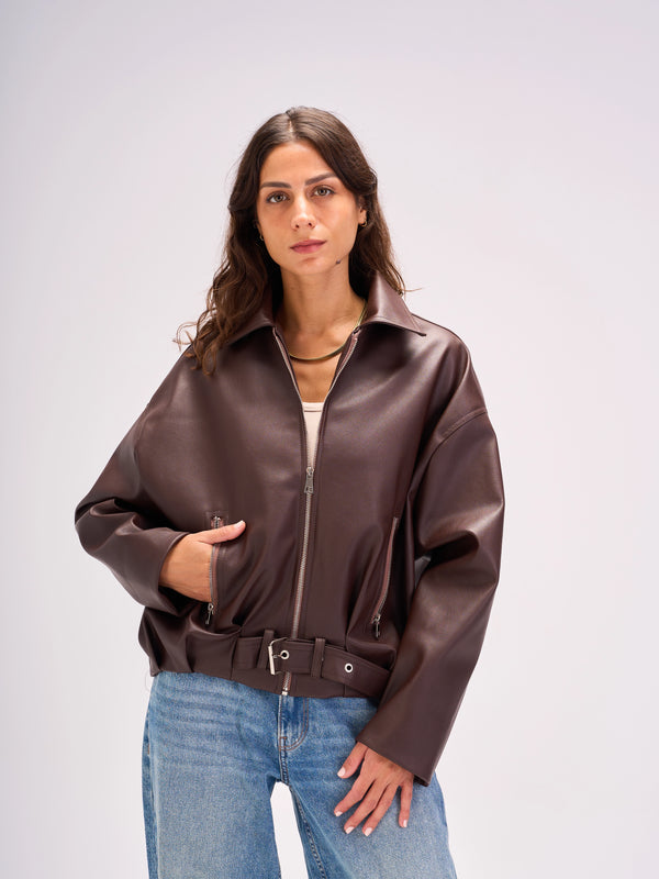 Leather Zip-Up Jacket - Brown