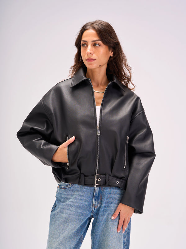 Leather Zip-Up Jacket - Black