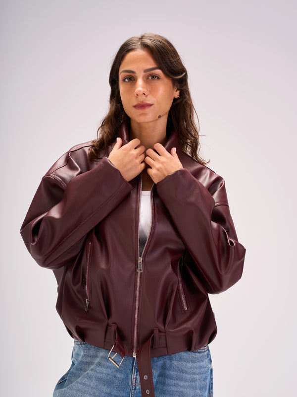 Leather Zip-Up Jacket - Burgundy