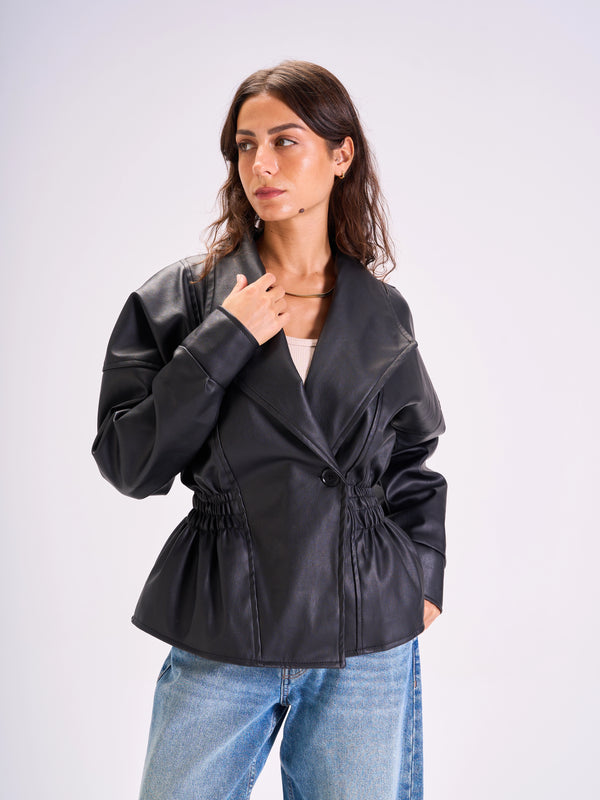 Tie-Waist Leather Jacket Black