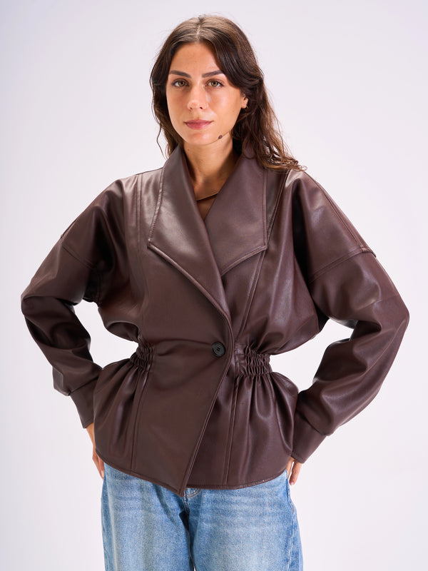 Tie-Waist Leather Jacket Brown
