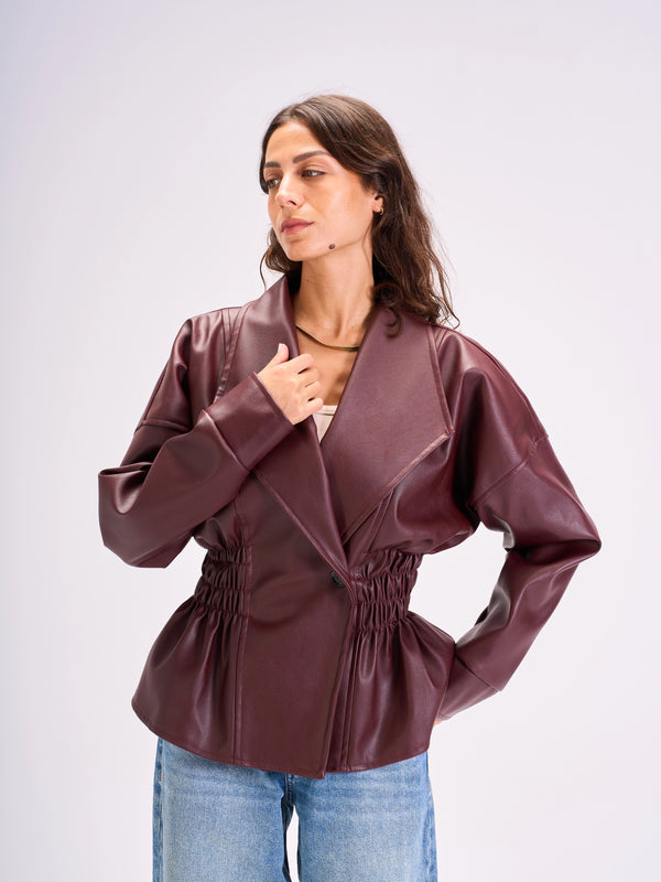 Tie-Waist Leather Jacket Burgundy